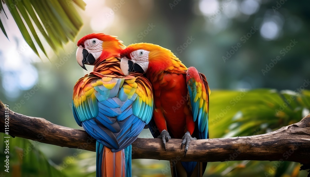 Obraz premium Vibrant Macaws on Branch Tropical Birds Wildlife Nature