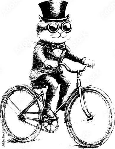 A dapper cat in a top hat and goggles rides a bicycle.