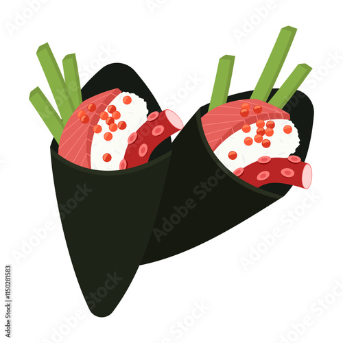 Sushi and roll pattern. Sushi seamless background. Tobiko maki, Philadelphia roll, onigiri, shrimp nigiri, futomaki, sake temaki, soy bowl, wasabi