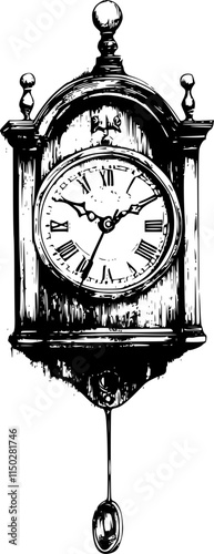 Antique clock top detail, black and white woodcut style.