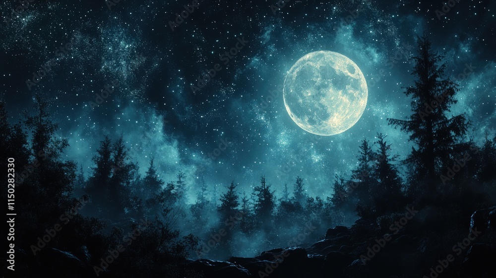 Full moon, starry night, dark forest, misty scene. Full moon, starry night, dark forest, misty scene.