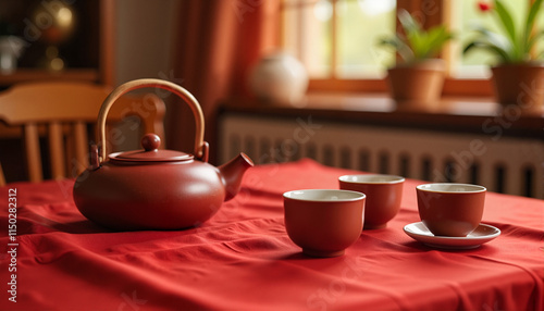 A traditional Chinese teapot and cups on a red tablecloth in a cozy setting