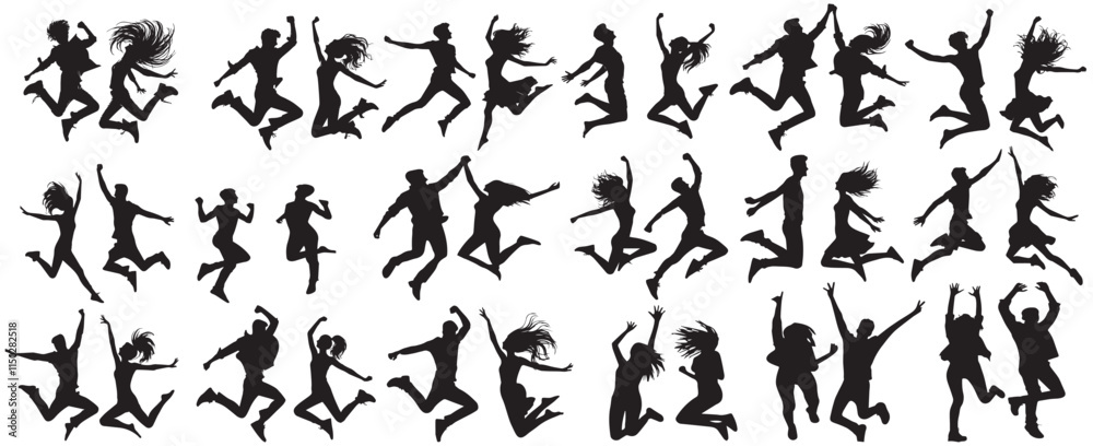 cheerful and jumping girls and boys silhouette. People jumping, friends man and woman set. Cheerful girl and guy silhouette collection vector cheerful and jumping girls and boys silhouette. People jumping, friends man and woman set. Cheerful girl and guy silhouette collection vector