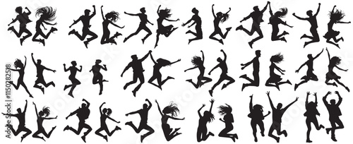 cheerful and jumping girls and boys silhouette. People jumping, friends man and woman set. Cheerful girl and guy silhouette collection vector