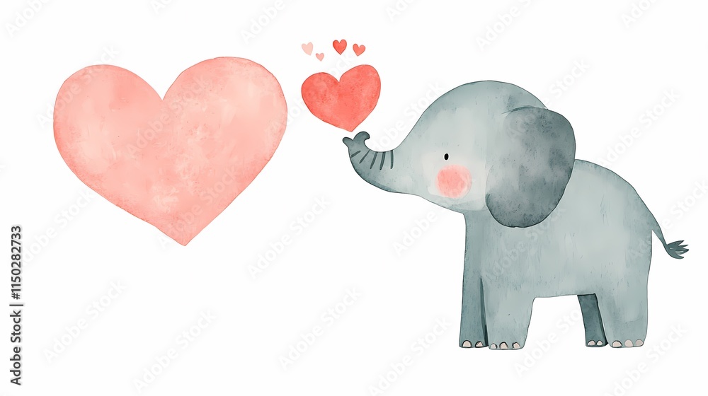 Watercolor valentine with cute animal. Cute elephant blowing hearts, perfect for love-themed designs or children's illustrations. Watercolor valentine with cute animal. Cute elephant blowing hearts, perfect for love-themed designs or children's illustrations.