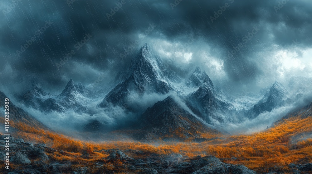 Naklejka premium Stormy rain, snow-capped mountains, autumnal foreground.
