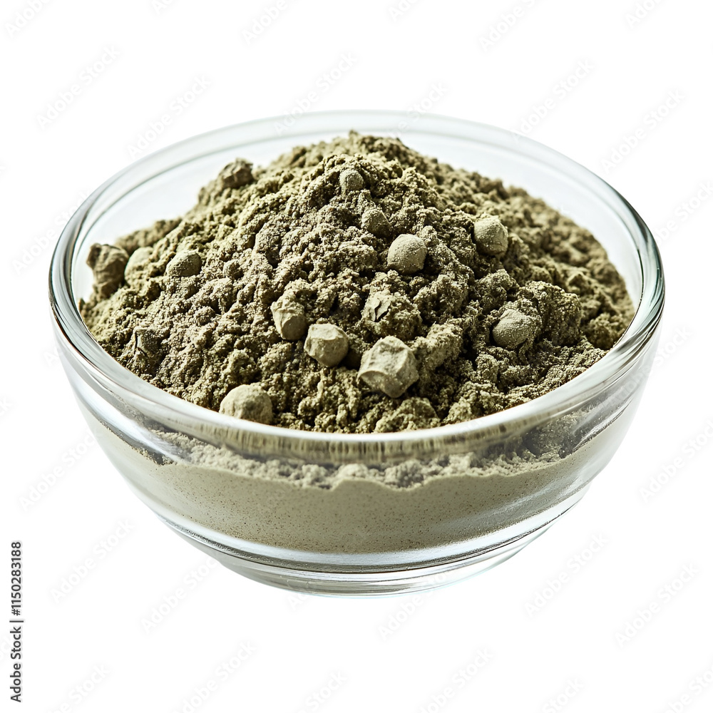Extreme front view of a dried green peppercorn powder in a small glass bowl isolated on a white transparent background
