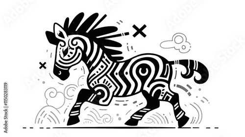 Ornate Zebra Gallops Across Abstract Landscape,  Exhibiting Tribal Art Style,  Bold Design