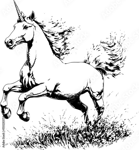 Black and white sketch of a galloping unicorn.