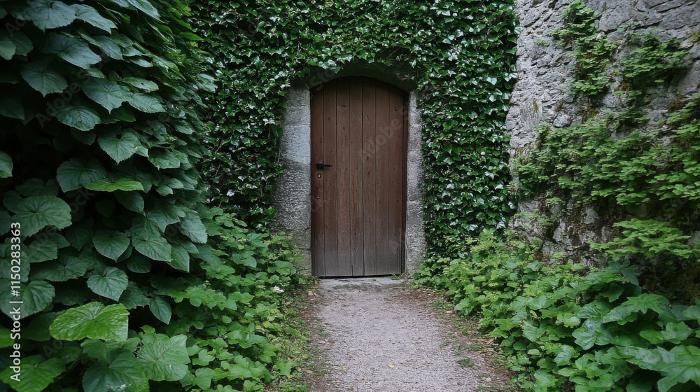 Enchanted Pathway Leading to a Wooden Door Surrounded by Lush Green Ivy and Vibrant Foliage in a Rustic Stone Wall Setting Enchanted Pathway Leading to a Wooden Door Surrounded by Lush Green Ivy and Vibrant Foliage in a Rustic Stone Wall Setting