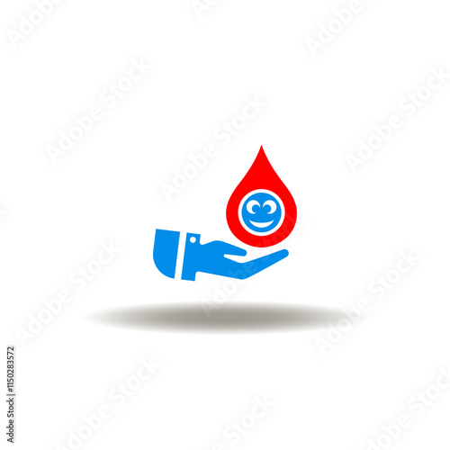 Vector illustration of hand hold blood drop with smile face sign. Symbol of blood donation. 