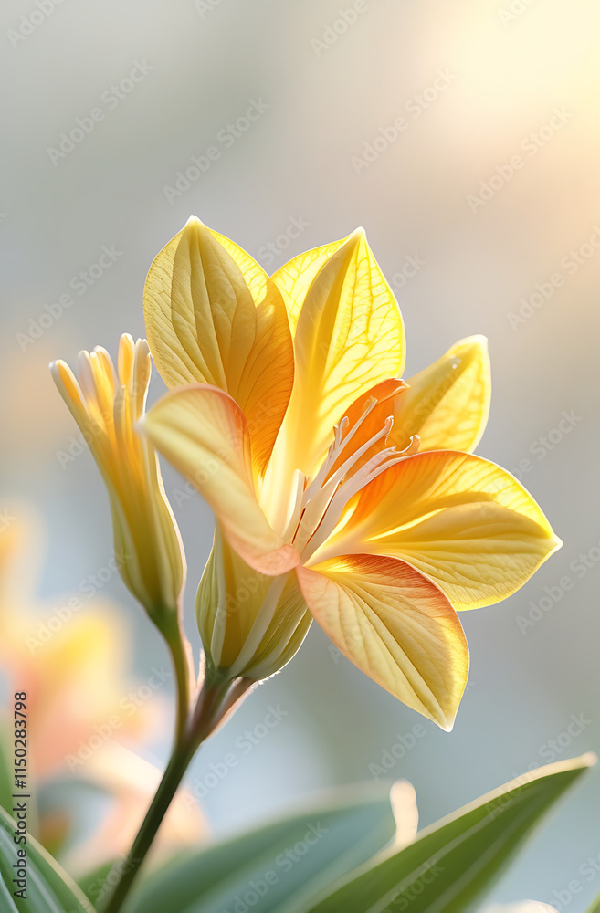 Fototapeta premium A stunning close-up of beautiful Alstroemerias flowers bathed in gentle morning light. Created with generative AI