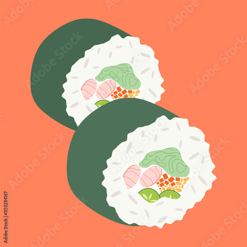 Asian food. Sushi, ramen, roll, soy sauce, wasabi, shrimp. In trendy groovy hippie retro style. Vector illustration Seafood