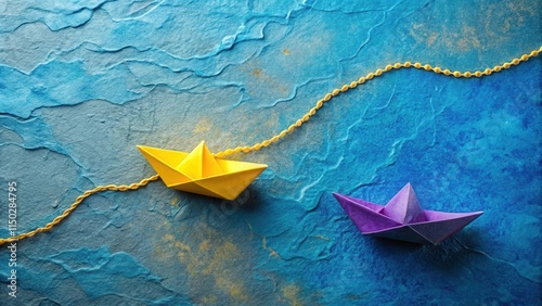 A pair of vibrant paper boats, one yellow and one purple, are connected by a golden chain on a textured blue background.  This image symbolizes connection and journey.