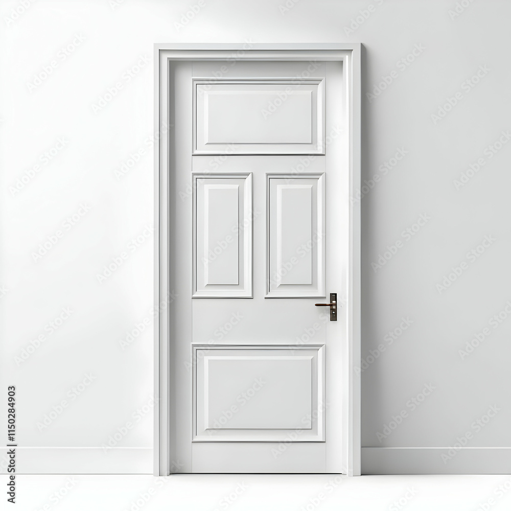 A pristine white paneled door stands in a minimalist interior. Clean lines and simple design characterize this elegant entryway. The door features recessed panels and a subtle handle. A pristine white paneled door stands in a minimalist interior. Clean lines and simple design characterize this elegant entryway. The door features recessed panels and a subtle handle.