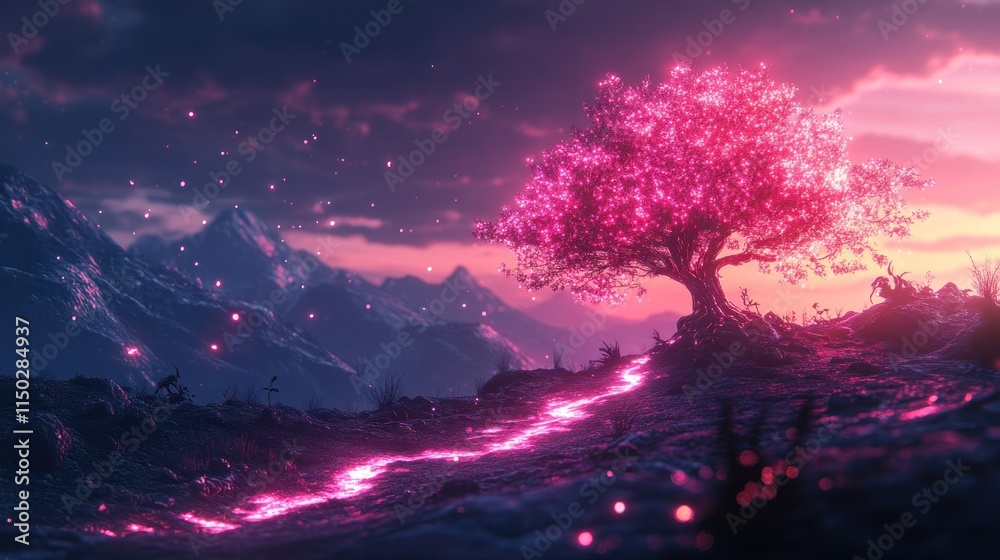Obraz premium A serene landscape featuring a glowing pink tree and a luminous path amidst mountains.