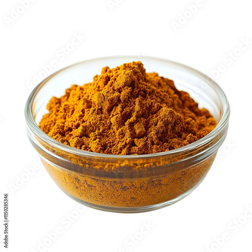 Extreme front view of a paprika powder in a small glass bowl isolated on a white transparent background photo