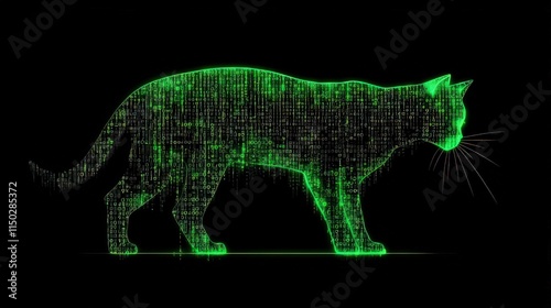 Glowing green digital cat silhouette on black.