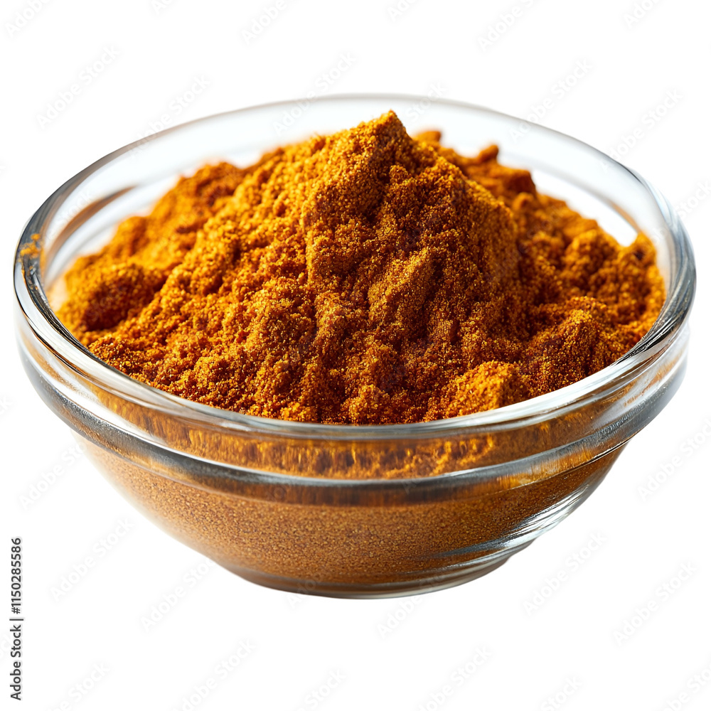 Extreme front view of a smoked paprika powder in a small glass bowl isolated on a white transparent background Extreme front view of a smoked paprika powder in a small glass bowl isolated on a white transparent background