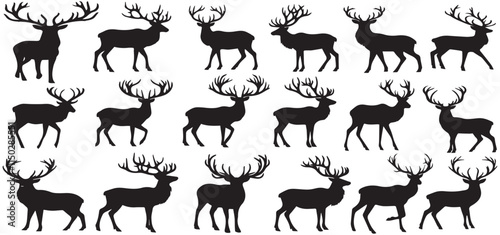 Collection of Deer Silhouette of Deer Jumping and Standing with Horns vector illustration 