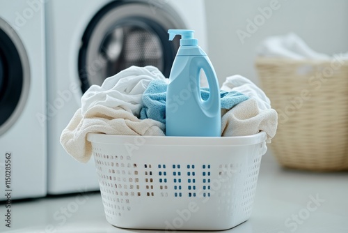 a laundry detergent bottle photo of a white plastic basket with a bunch of laundry.
