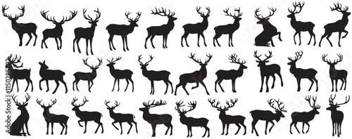 Collection of Deer Silhouette of Deer Jumping and Standing with Horns vector