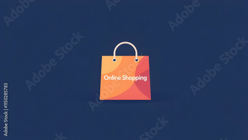 A stylized orange shopping bag on a dark blue background. The bag displays Online Shopping indicating ecommerce and digital retail themes. Simple, modern graphic design. photo