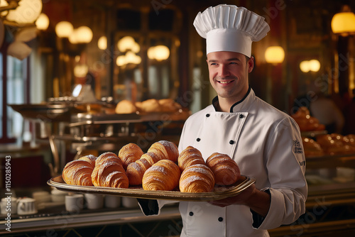 Chef in a traditional French restaurant holding a tray of croissants and baguettes. photo