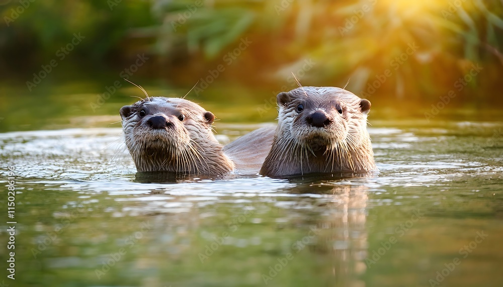 Two Otters Swimming in River Wildlife Nature Photography Two Otters Swimming in River Wildlife Nature Photography