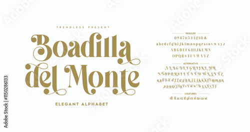 Boadilla del Monte: Classic Typography Minimal Fashion Designs. Typeface modern serif fonts and numbers. Elegant stylish alphabet letters font, ligatures, and number.	