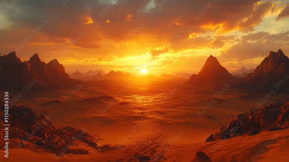 Naklejka premium Alien desert sunset, orange mountains, fiery sky.