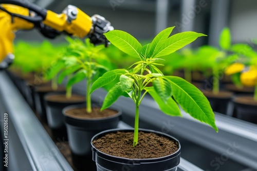 A high-tech setup featuring genetically modified plants growing in a fully automated lab with robotic monitoring systems