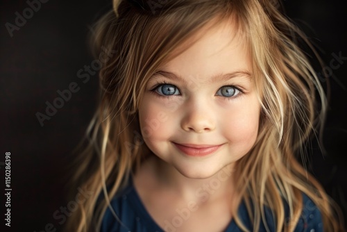 A young girl with blonde hair and blue eyes is smiling