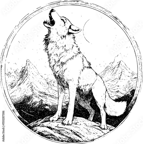 Howling wolf in mountain landscape, monochrome sketch style.