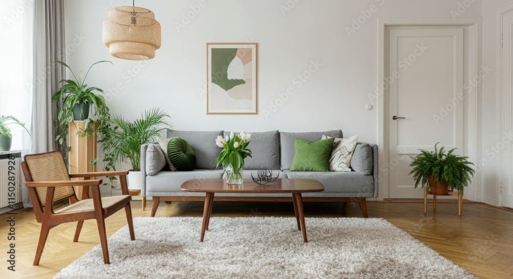 Fototapeta premium modern creative living room interior design backdrop ideas concept house beautiful background elevation of sofa with decorative photo paint frame full wall background