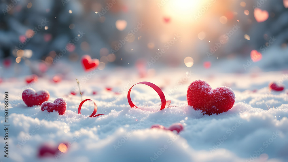Red hearts scattered on snowy ground, red ribbon, soft winter light. Romantic Valentines Day or love theme. Blurred bokeh background. Red hearts scattered on snowy ground, red ribbon, soft winter light. Romantic Valentines Day or love theme. Blurred bokeh background.
