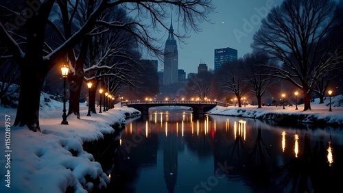 Park and river on a winter night with the city as a backdrop