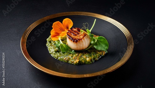 Tenderly grilled scallop on ground elder pesto, garnished with sorrel, nasturtium flowers and served on a black plate with a gold border.
