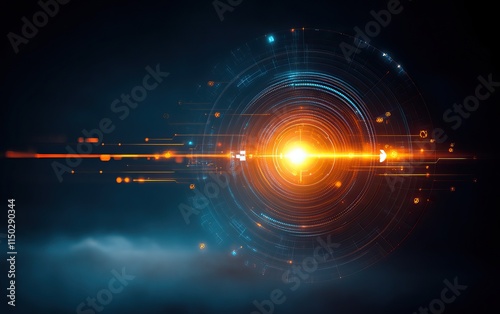 A vibrant, abstract representation of energy and light, featuring a glowing center surrounded by circular patterns and cosmic elements.