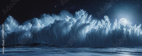 Photorealistic fantasy art of a night scene with huge waves crashing on the shore photo