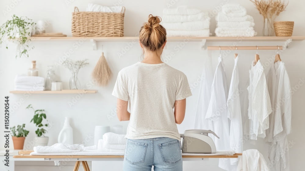 © Winter KD - Woman standing in laundry room Ironing and taking care of the neatness of the clothes. © Winter KD - Woman standing in laundry room Ironing and taking care of the neatness of the clothes.