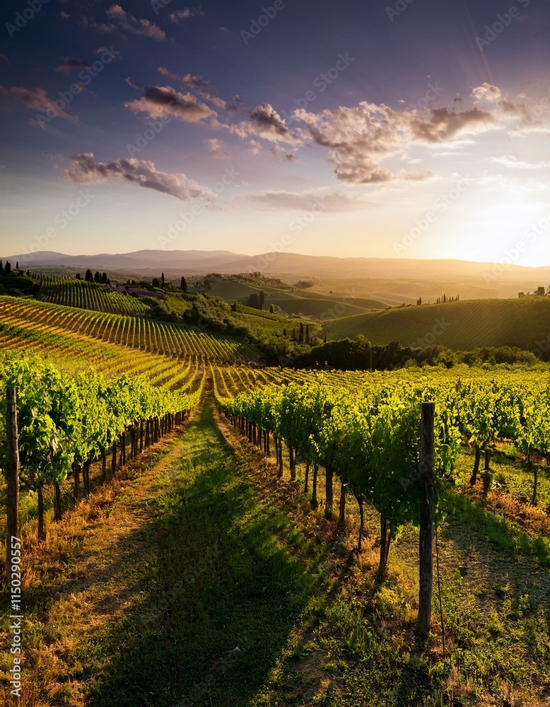 Naklejka premium Generated image Beautiful vineyard landscape at sunset in the Tuscan countryside