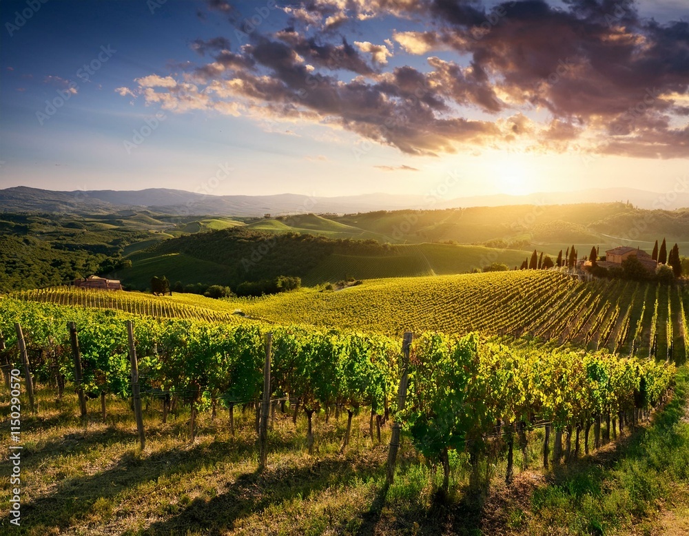 Fototapeta premium Generated image Beautiful vineyard landscape at sunset in the Tuscan countryside