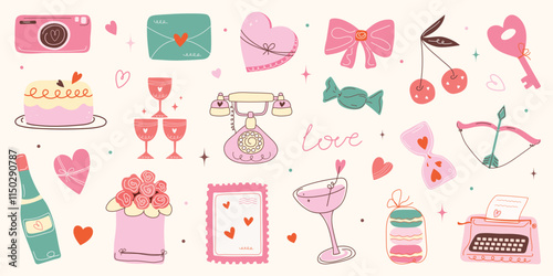 Сute Valentine's day sticker set. Hand drawn groovy cartoon elements. 14 February coquette collection with heart, flowers, bow. Funky Saint Valentine design in flat style. love Isolated vector illustr