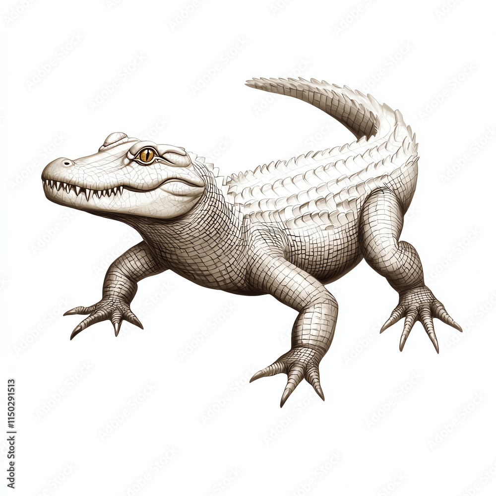 Obraz premium A detailed illustration of a crocodilian creature with a streamlined body, prominent teeth, and textured skin, showcasing its prehistoric appearance.