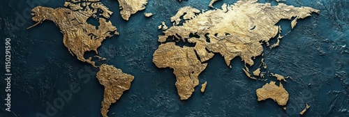 Golden world map on textured background for Earth day decoration or educational design. Horizontal banner. Copy space
