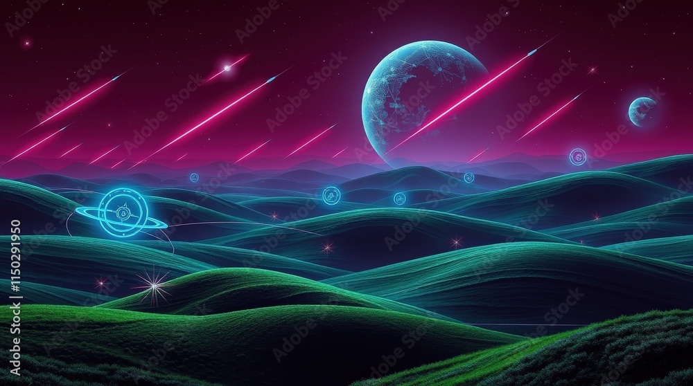 Fototapeta premium Enchanting space scene with meteor shower over hills in alien landscape