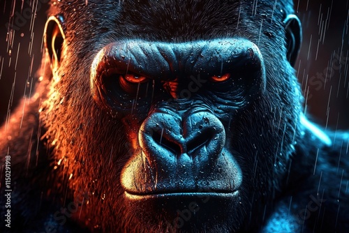 A fierce gorilla displays its anger in a rain-soaked nocturnal setting.