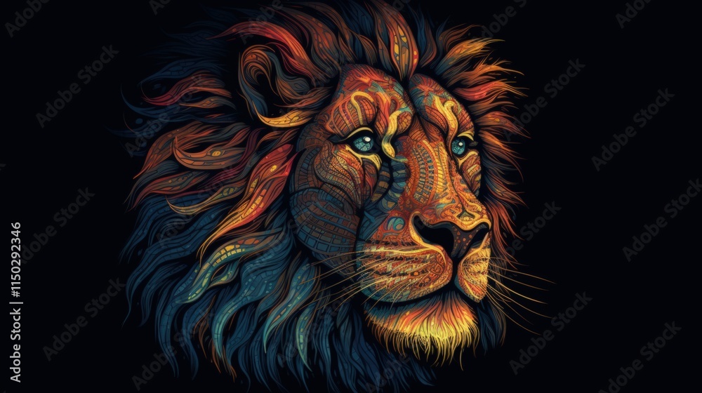 Obraz premium Colorful ornate lion's head, dark background.