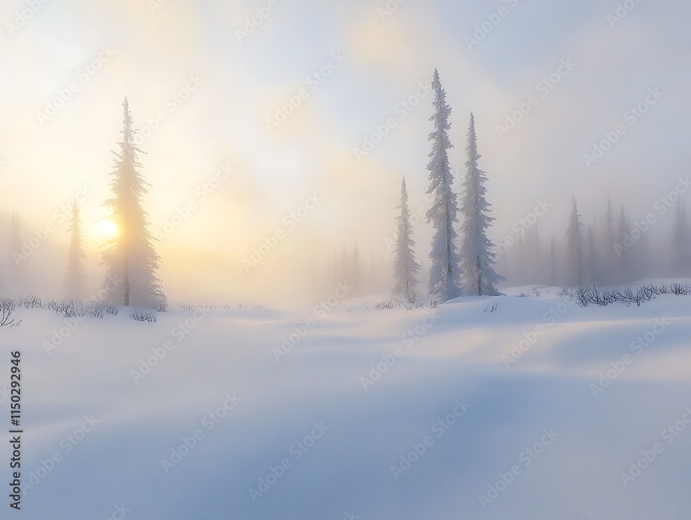 Winter fog rolling over a quiet snow-covered meadow with distant trees Winter fog rolling over a quiet snow-covered meadow with distant trees